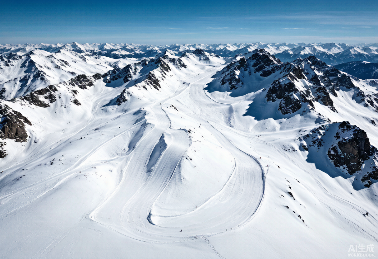 Aerial view of snow-covered Tianshan slopes near Yili, Xinjiang