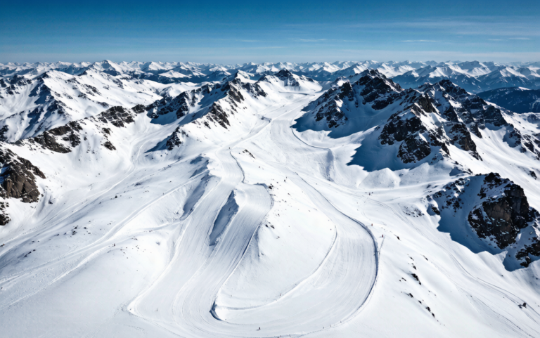 Aerial view of snow-covered Altai mountains in Xinjiang, China