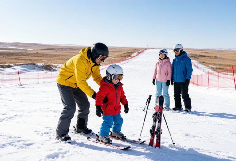 A family learning to ski together on a gentle slope
