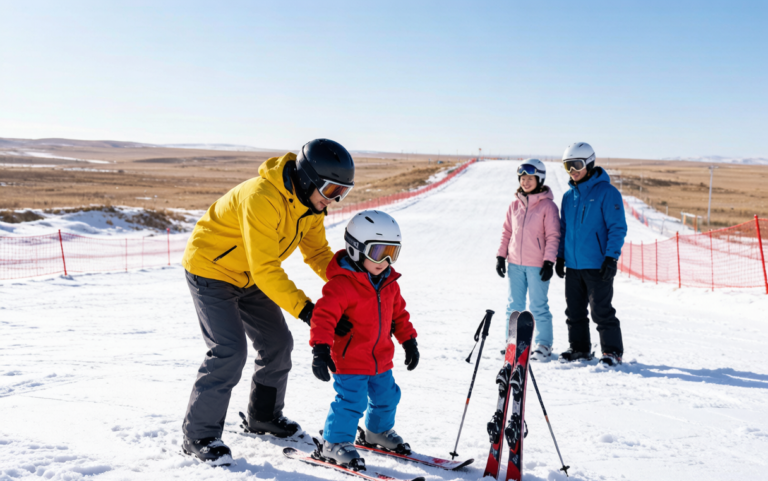 Family learning to ski on a gentle Xinjiang ski slope