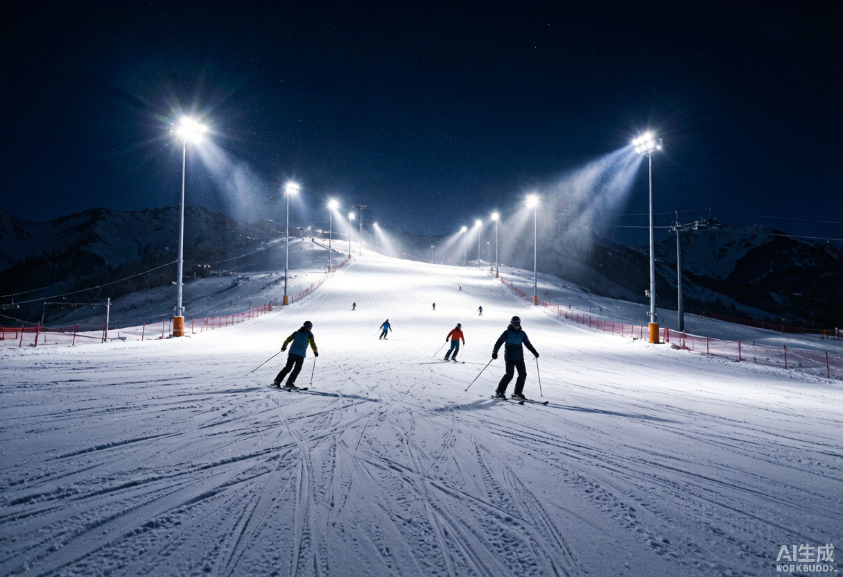 Night skiing under floodlights at a ski resort in Yili, Xinjiang