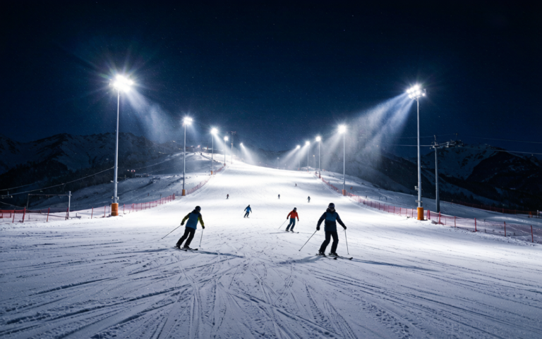 Night skiing scene under floodlights at a Xinjiang resort