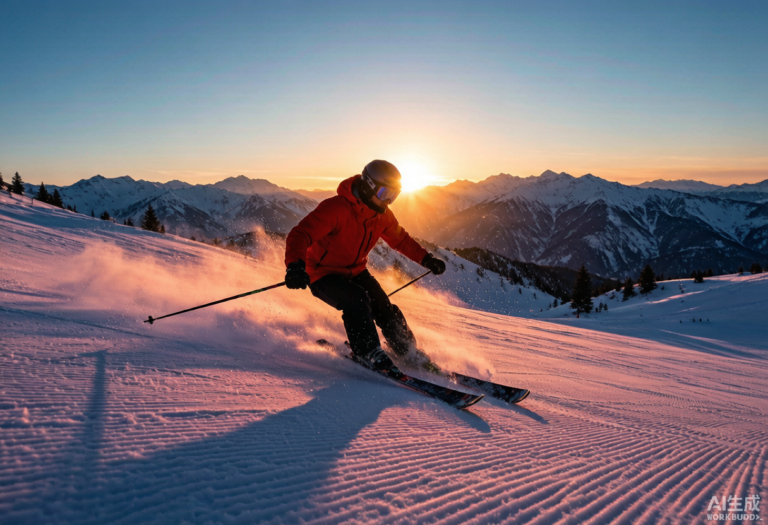 A skier carving through deep powder in Xinjiang