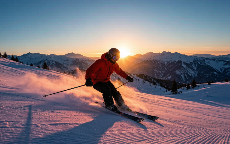 Skier carving through deep powder snow in Xinjiang