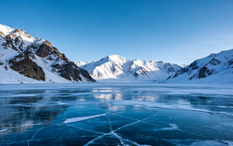 Frozen river and birch forest in winter Xinjiang