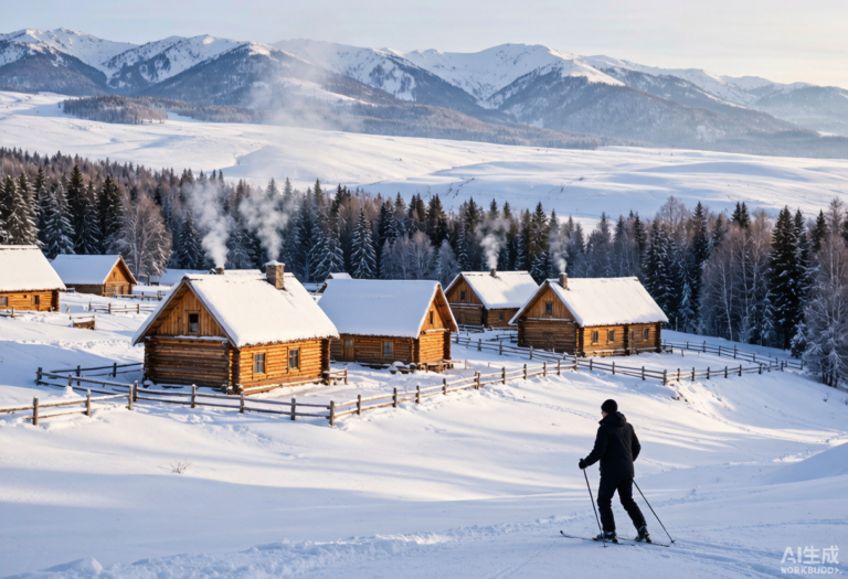 A snowy winter village scene in northern Xinjiang