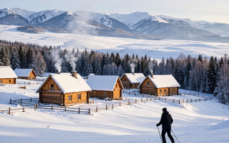 Winter village scene near Xinjiang ski slopes