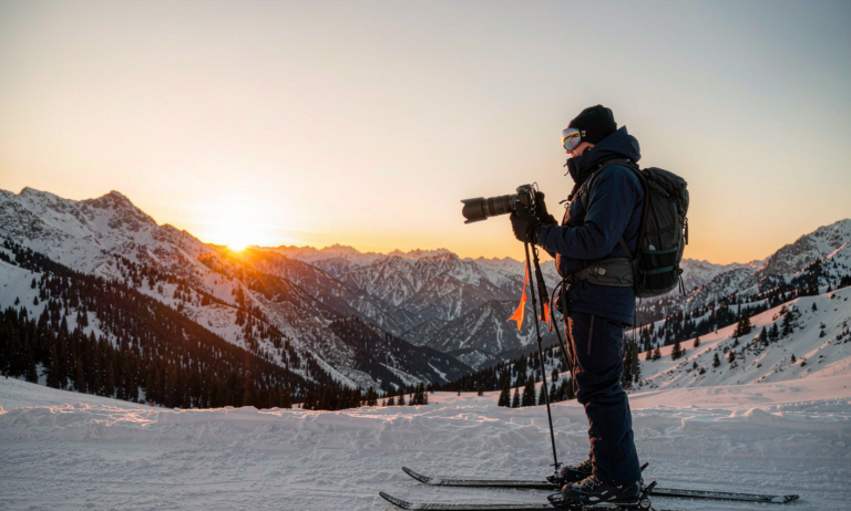 Photographer on skis framing a sunrise over Altai mountains