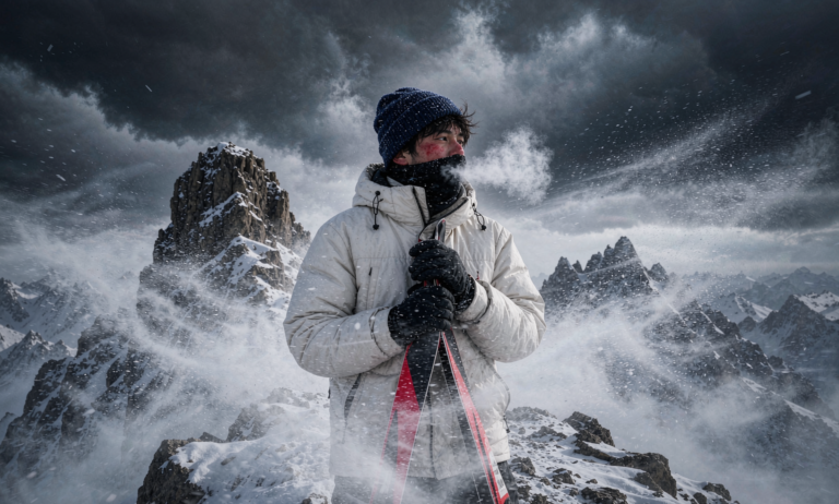 Skier facing cold wind on a Xinjiang ridge