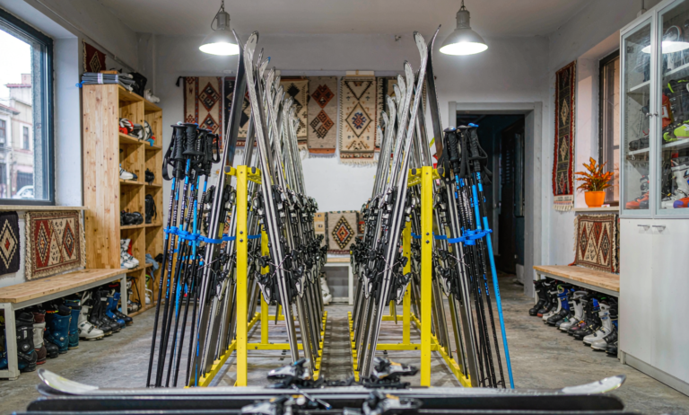 Ski rental shop with skis, boots and poles in Xinjiang