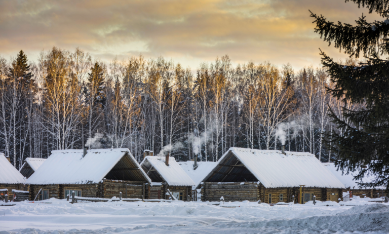 Hemu village wooden cabins in winter, Xinjiang