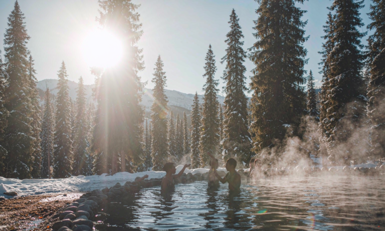 Outdoor hot spring in Xinjiang forest