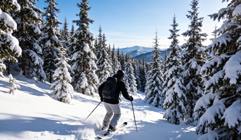 Backcountry ski touring above a Xinjiang valley