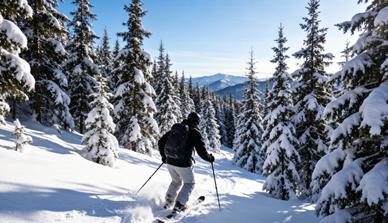 Backcountry ski touring above a Xinjiang valley