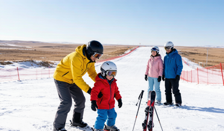 Family learning to ski in Xinjiang