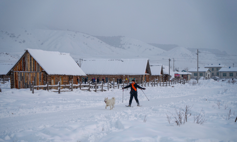 A person cross-country skiing with a dog in a snowy Altai village in Xinjiang