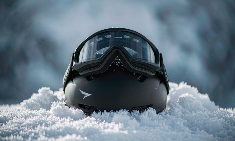 Ski helmet and goggles on snow