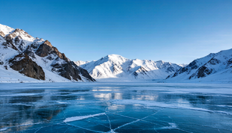Frozen lake and reeds in Xinjiang winter