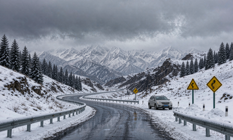 A winter mountain road in Xinjiang covered in black ice with a pulled-over car