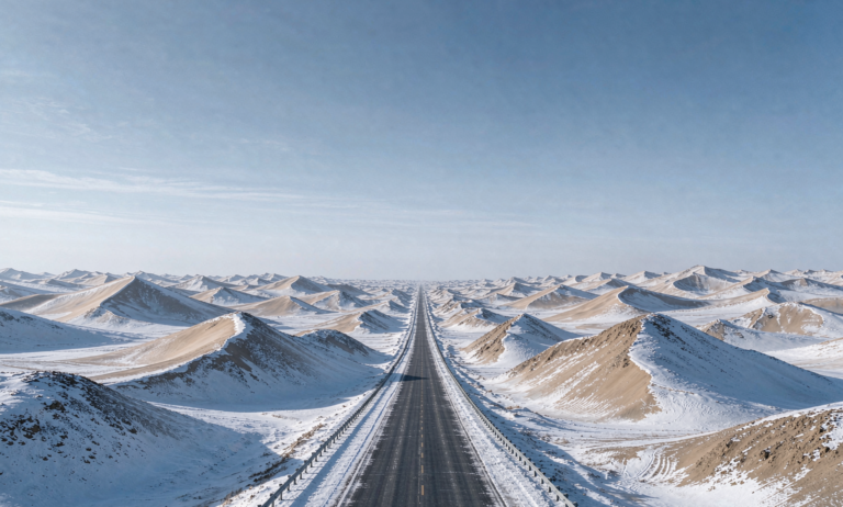A winter desert highway crossing the snow-dusted edge of the Taklamakan Desert in Xinjiang